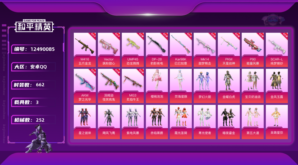 和平精英账号安卓QQ3载具-0套装-252枪皮-安卓Q-3稀有3载具23粉装12特效枪【3稀有】奇异狩猎者 AKM-缤纷