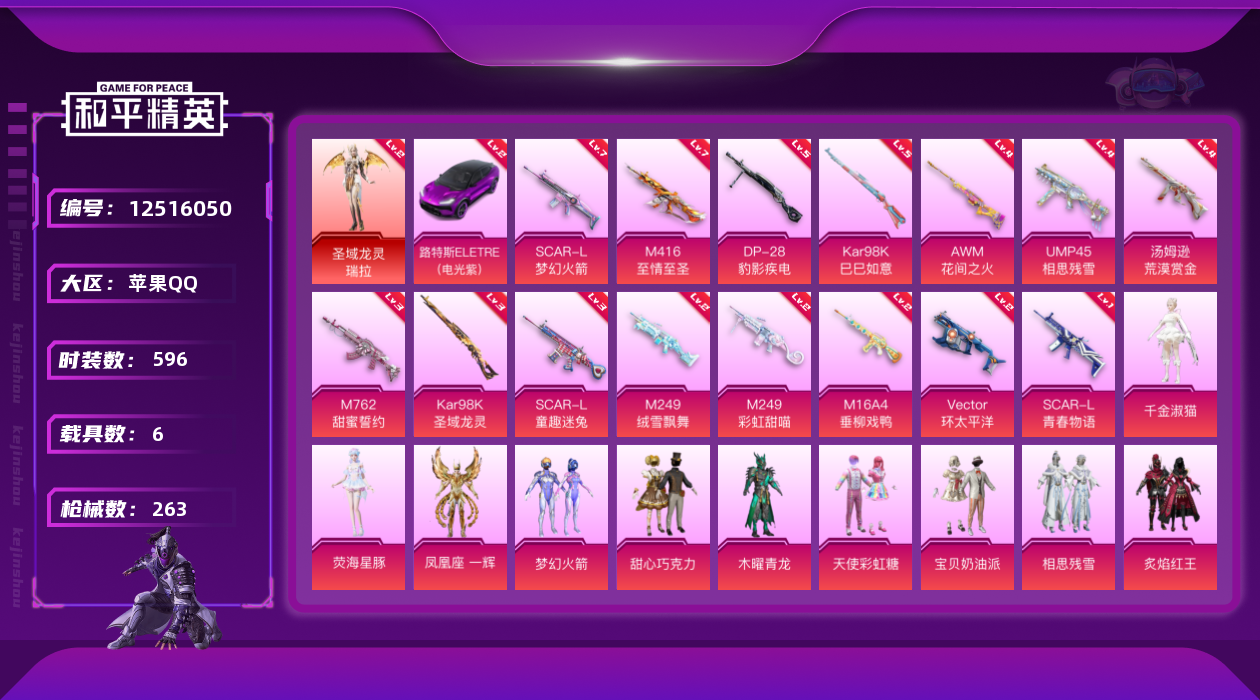 和平精英账号苹果QQ6载具-0套装-263枪皮-苹果Q-1红装3稀有6载具21粉装15特效枪【1红装】圣域龙灵-瑞拉 (