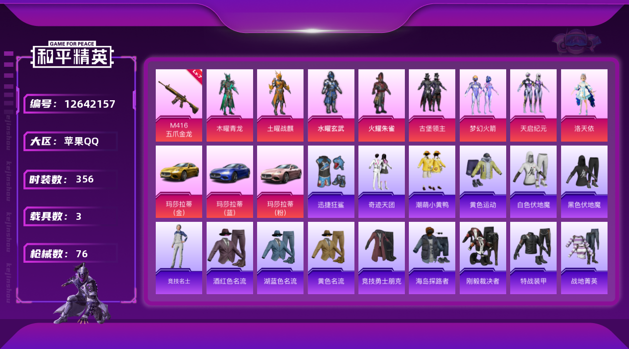 和平精英账号苹果QQ8粉装 1特效枪 3载具 6印记 可二次 可修改实名 
【热门装扮】:梦幻火箭(新101)(新火箭少