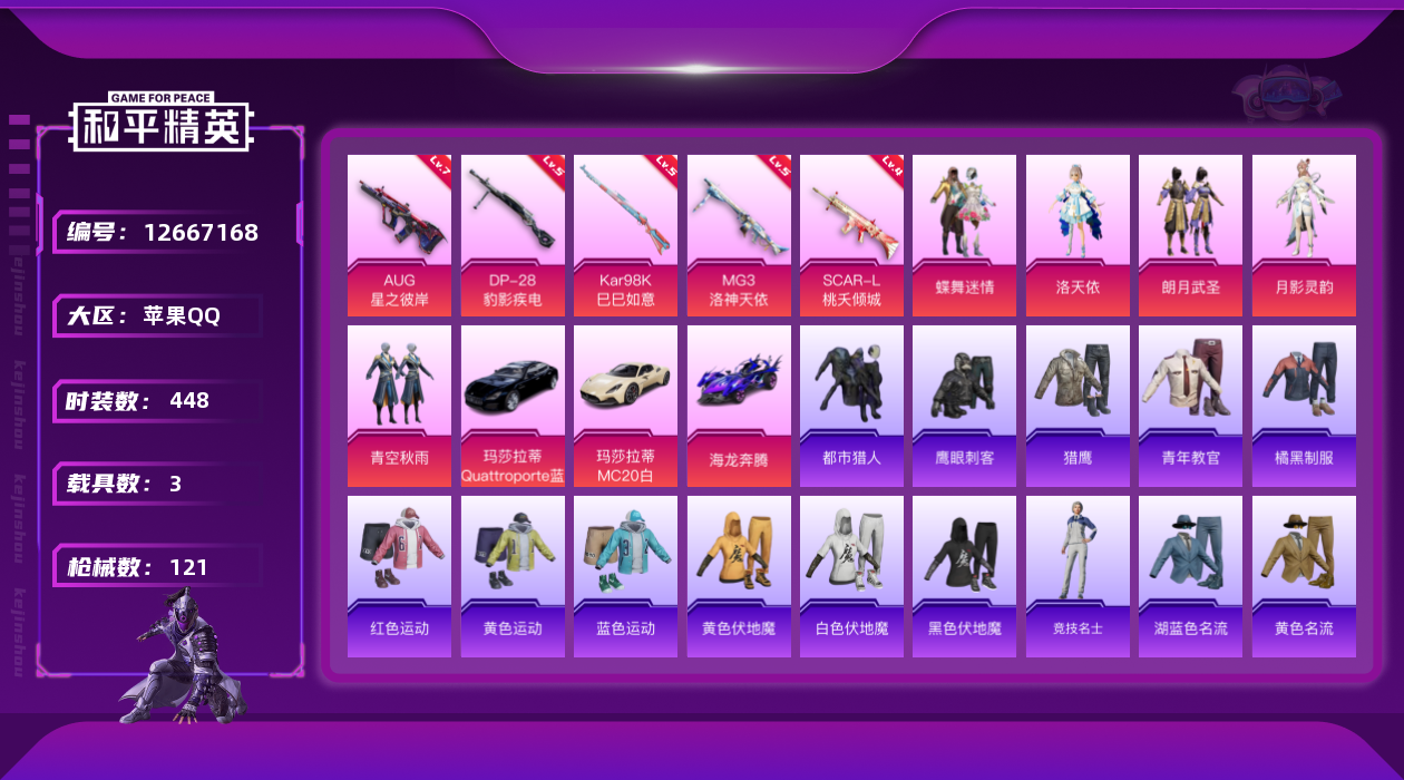 和平精英账号苹果QQ5粉装 5特效枪 3载具 8印记 可二次 可修改实名 
【热门装扮】:月影灵韵,洛天依,蝶舞迷情,朗