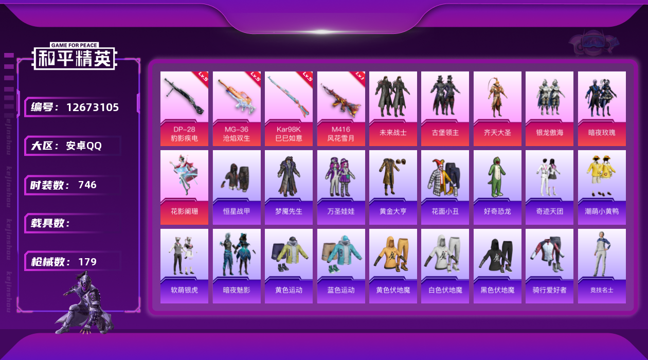 和平精英账号安卓QQ6粉装 4特效枪 6印记 可二次 可修改实名 
【热门装扮】:未来战士,古堡领主,花影阑珊,齐天大圣