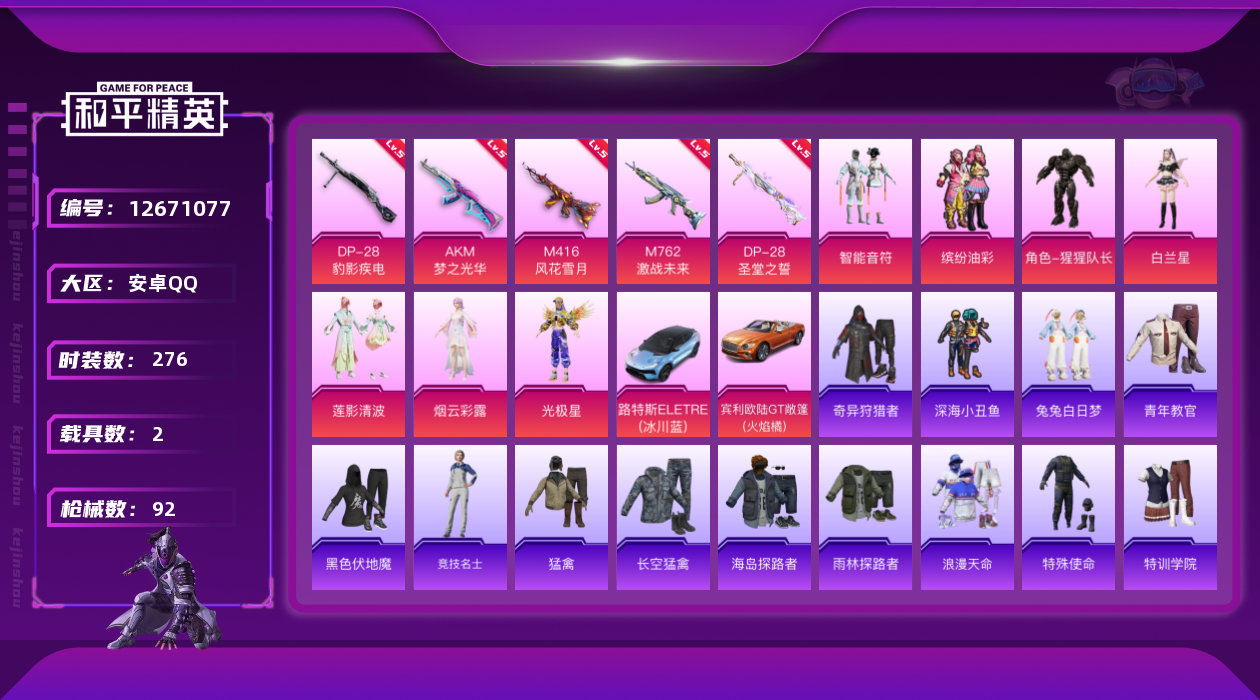 和平精英账号安卓QQ7粉装 5特效枪 2载具 6印记 可二次 可修改实名 
【热门装扮】:奇异狩猎者,缤纷油彩(猪妹猪脸