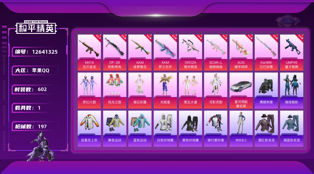 和平精英账号苹果QQ6粉装 9特效枪 1载具 13印记 可二次 可修改实名 
【热门装扮】:月影灵韵,巡查员衣服(绝对防