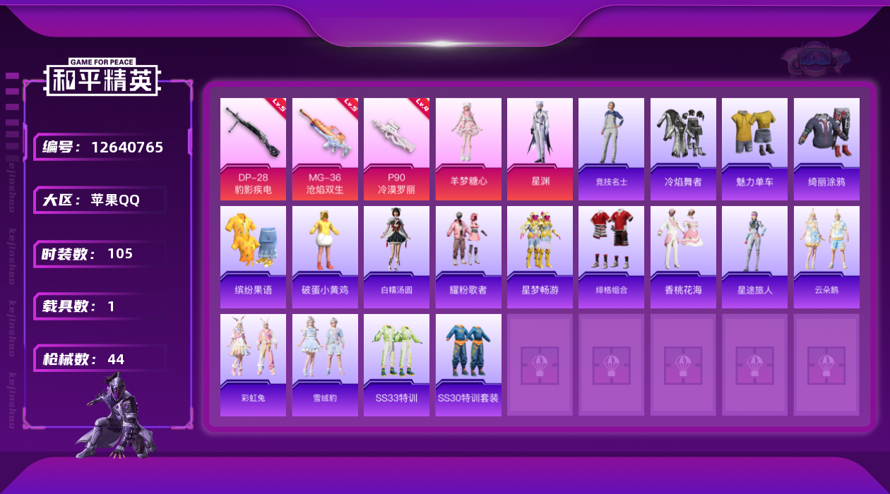 和平精英账号苹果QQ2粉装 3特效枪 1载具 2印记 可二次 可修改实名 
【热门装扮】:羊梦糖心,星渊
【稀有枪皮】: