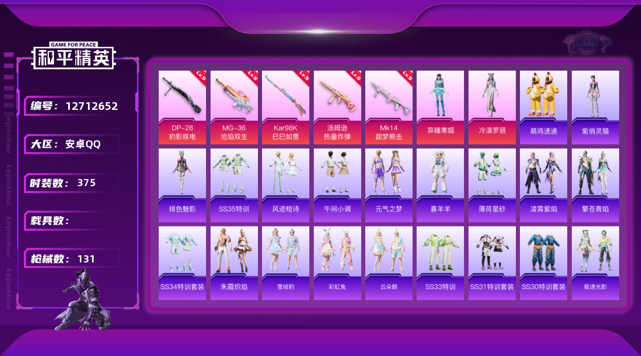 和平精英账号安卓QQ0载具-0套装-131枪皮-安卓Q-1稀有2粉装5特效枪【1稀有】 浪漫天命 【2粉装】 异瞳寒姬 