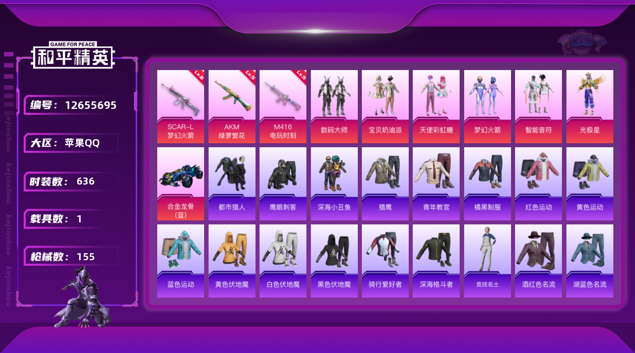 和平精英账号苹果QQ6粉装 3特效枪 1载具 11印记 可二次 可修改实名 
【热门装扮】:梦幻火箭(新101)(新火箭