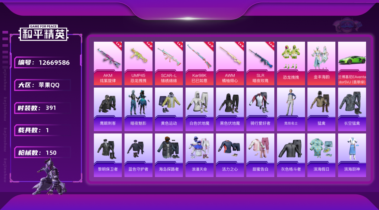 和平精英账号苹果QQ2粉装 6特效枪 1载具 3印记 可二次 可修改实名 
【热门装扮】:恐龙拽拽,金丰海韵,鹰眼刺客,