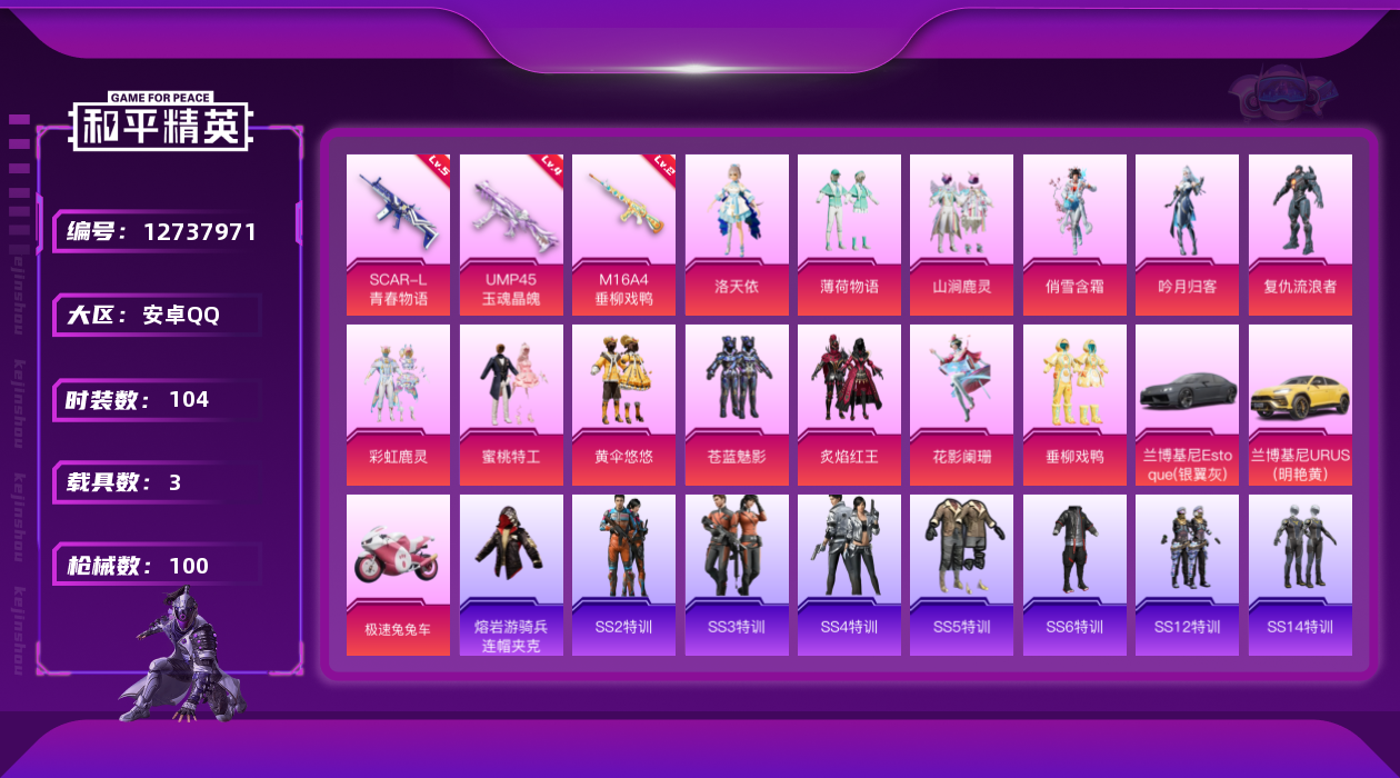 和平精英账号安卓QQ可立即换绑无需挂单养号   安卓 手Q-13粉装-3特效枪-3载具-2粉色飞行器-39803热力值-