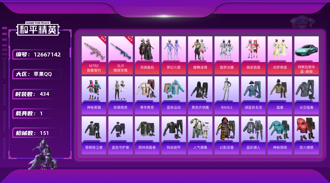 和平精英账号苹果QQ6粉装 2特效枪 1载具 9印记 可二次 可修改实名 
【热门装扮】:梦幻火箭(新101)(新火箭少