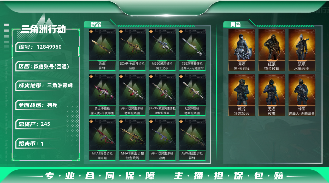 三角洲行动账号VX总资产:245M 6干员外观 1近战传说 17传说枪械 哈夫币:1.483K 可二次 可修改实名 
