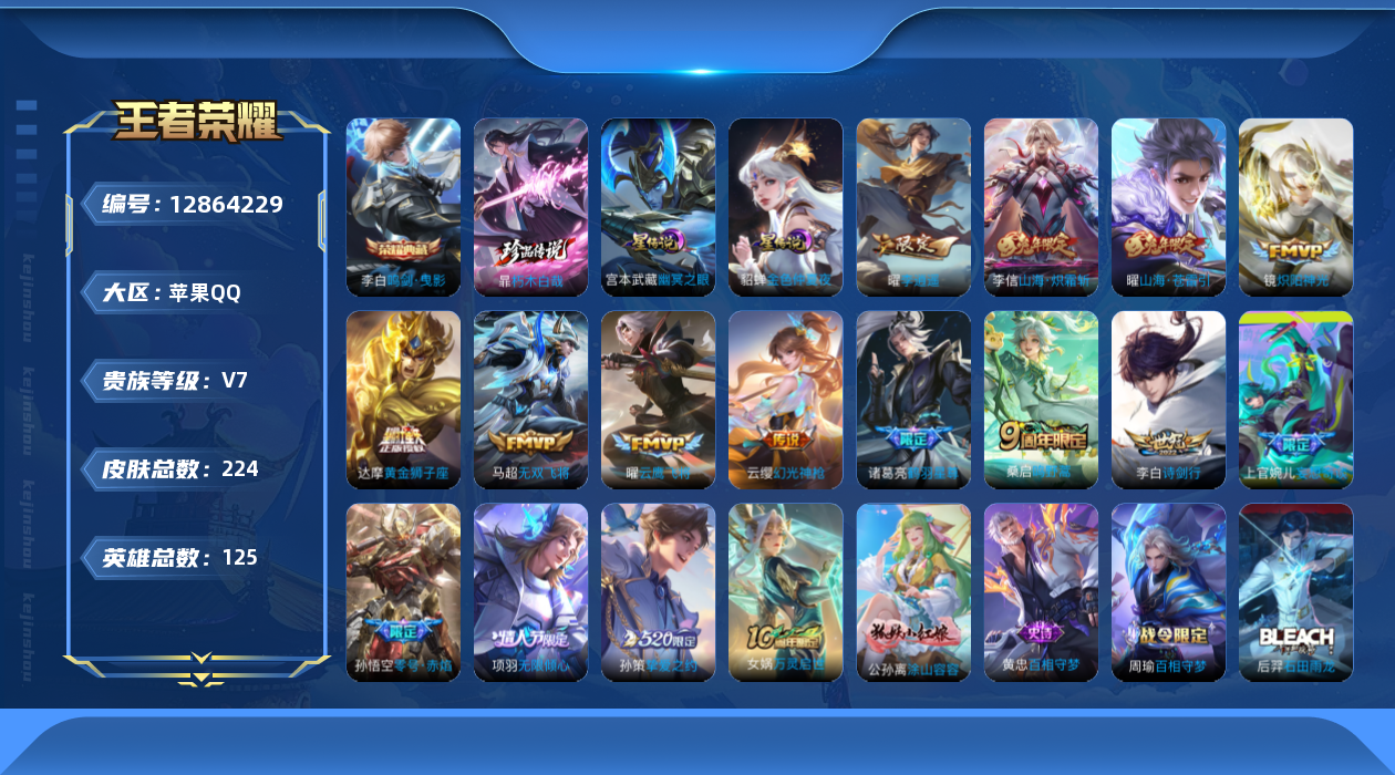 王者荣耀账号苹果QQ125英雄-224皮肤-224皮肤1典藏1珍品传说15传说 2星传说幽冥之眼 金色仲夏夜 【典藏】 