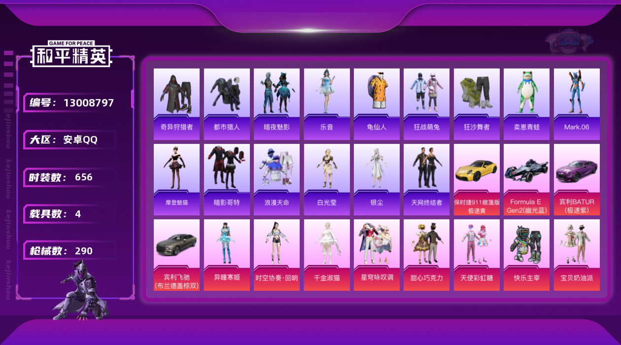 和平精英账号安卓QQ4载具-0套装-290枪皮-巧克力三姐妹 放客 天网 都市猎人-4稀有5载具14粉装14特效枪13印