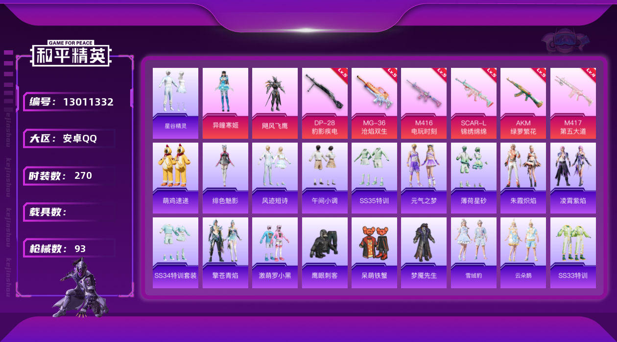 和平精英账号安卓QQ0载具-0套装-93枪皮-安卓Q-2粉装6特效枪【2粉装】 异瞳寒姬 飓风飞鹰 【6特效枪】 SCA