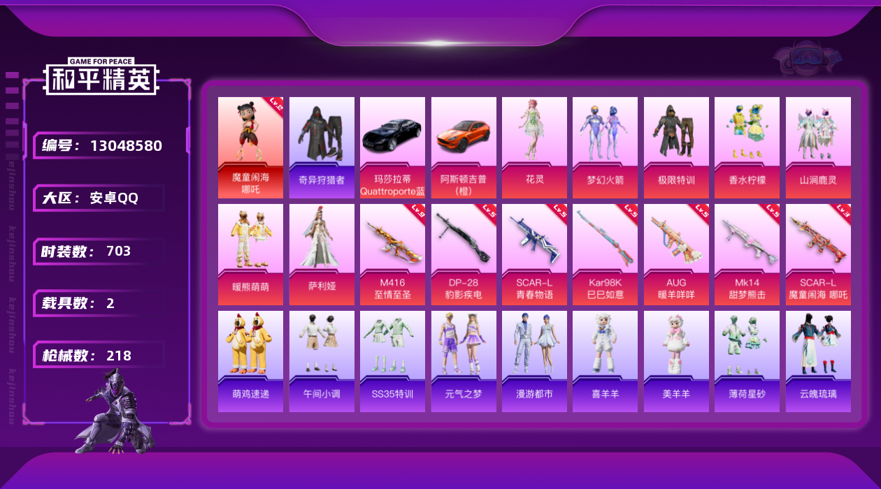和平精英账号安卓QQ[13048580]"DAS6251 包人脸 安卓Q-1红装2稀有3载具9粉装7特效枪16热门180套装218枪皮 9印记 历史绝世王牌15星 绝世印记 魔童闹海-哪吒 (2级) 梦幻火箭 满级M41