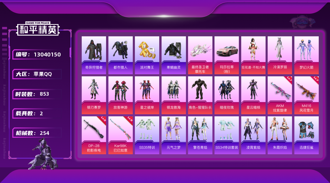 和平精英账号苹果QQ2载具-0套装-254枪皮-粉玛莎 放客 寒蝎幽灵 金鞋子 都市猎人 -6稀有2载具10粉装4特效枪