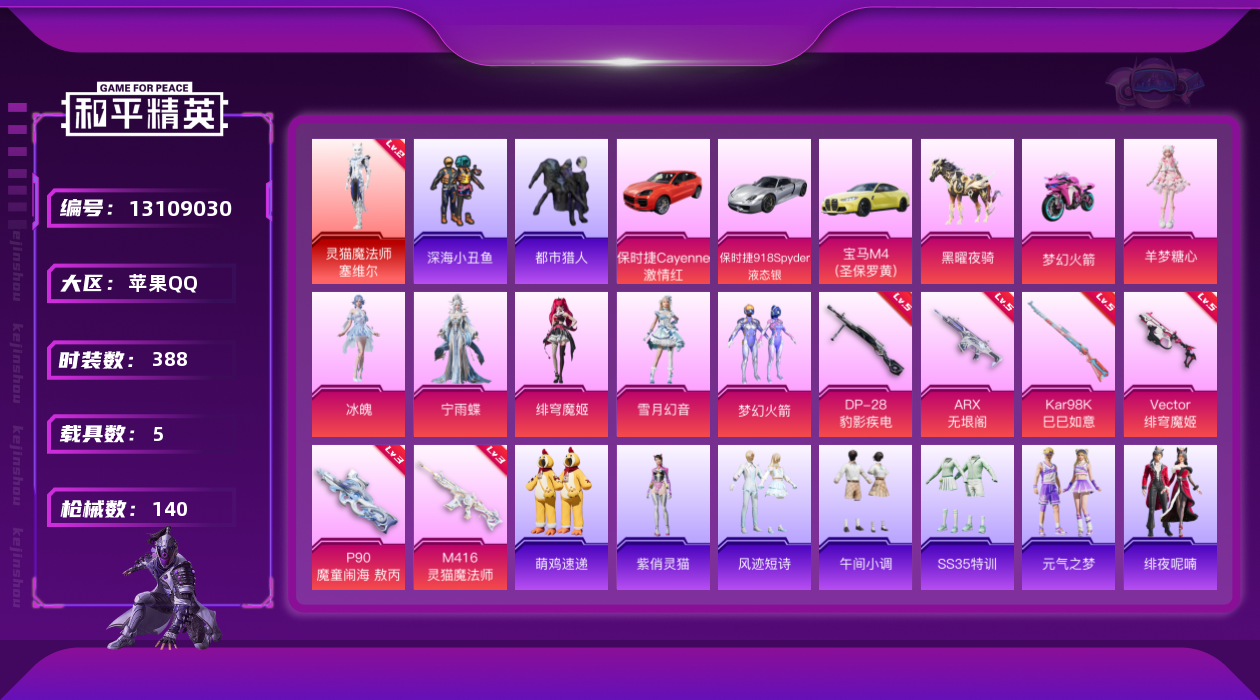 和平精英账号苹果QQ5载具-0套装-140枪皮-苹果Q-1红装3稀有6载具8粉装6特效枪5印记【1红装】灵猫魔法师-塞维