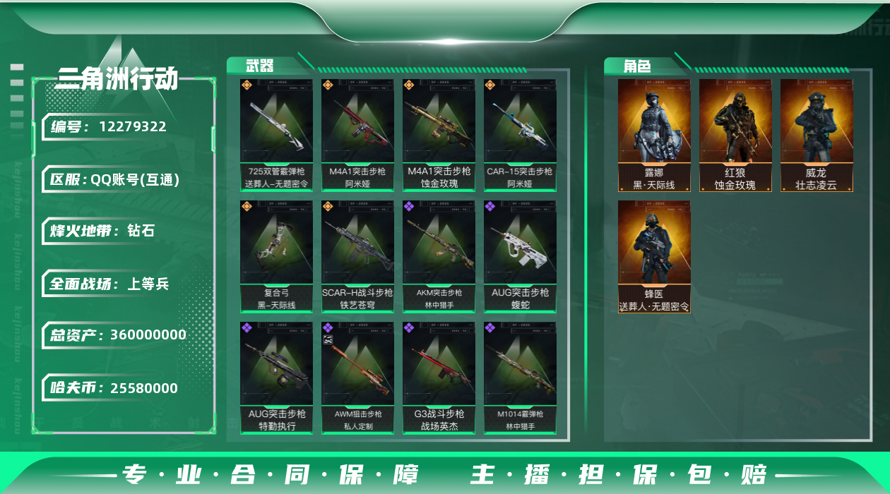 三角洲行动账号QQ[12279322]无二次 总价值360m 纯币25,580K
【商品标题】：25580k哈伏币-2