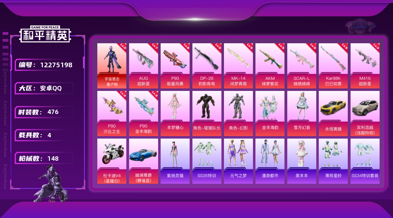 和平精英账号安卓QQ[12275198]DAS5781 钱包无法注销 (可二次实名) 安卓Q-1红装5稀有4载具5粉装10特效枪9热门126套装148枪皮 56247热力值 7印记 历史卓越王牌15星  宇宙意志-塞卢姆