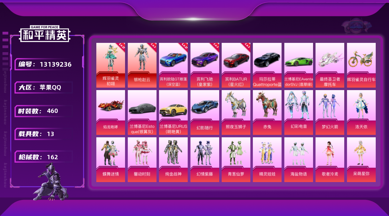 和平精英账号苹果QQ13载具-0套装-162枪皮-3升级车2神装-2红装14载具16粉装9特效枪13印记【2红装】辉羽雀