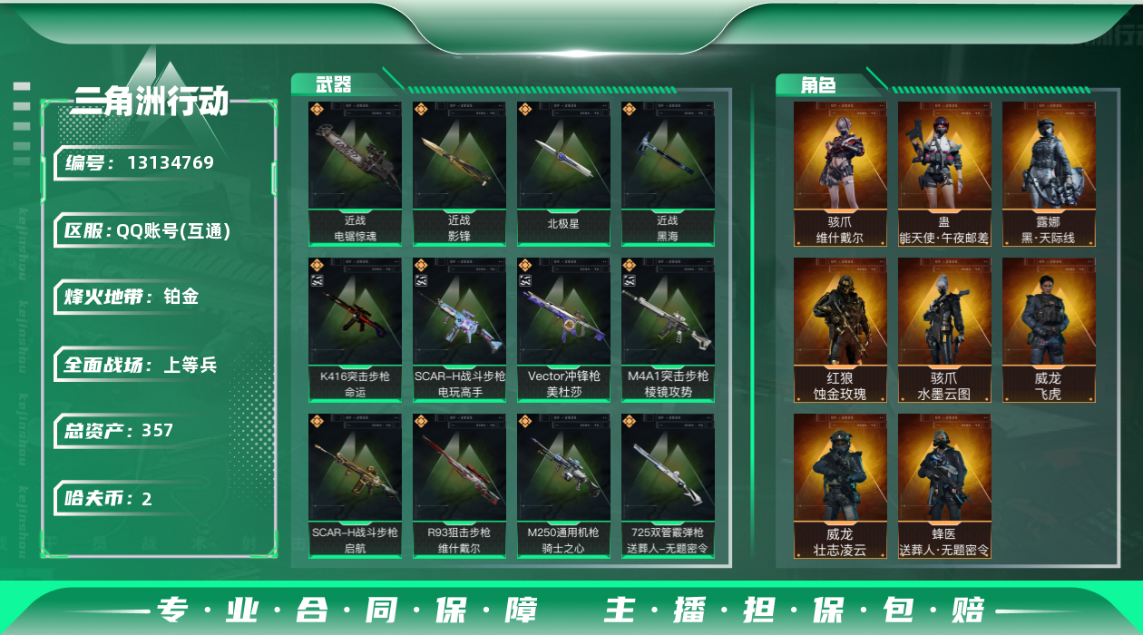 三角洲行动账号QQ8干员外观 4近战传说 32传说枪械 哈夫币:2.208K 可二次 可修改实名