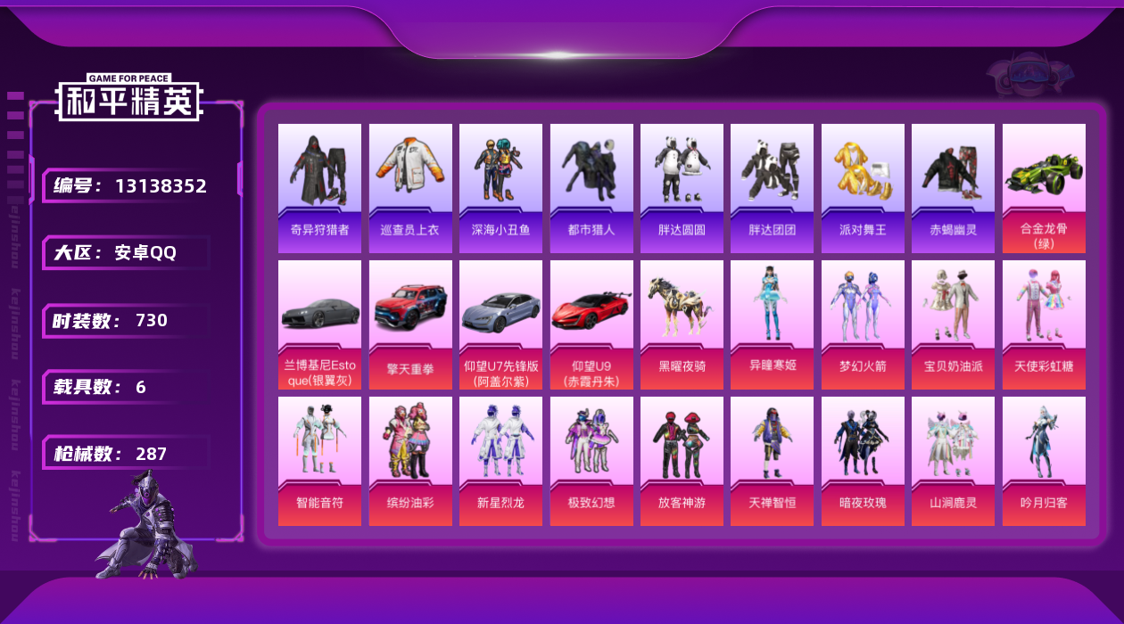 和平精英账号安卓QQ[13138352]"DAS6379 包人脸 安卓Q-8稀有7载具23粉装26特效枪30热门208套装287枪皮 113139热力值 16印记 历史无敌战神 SS33战神框 巡查衣 都市猎人 派对舞王