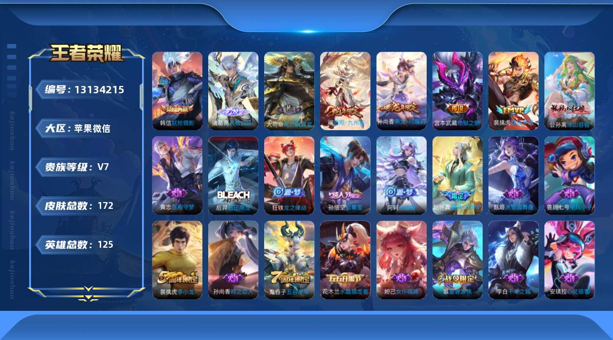 王者荣耀账号苹果VX125英雄-172皮肤-苹果V-172皮肤1典藏1无双5传说 发育路36段 打野32段 金标百里守约
