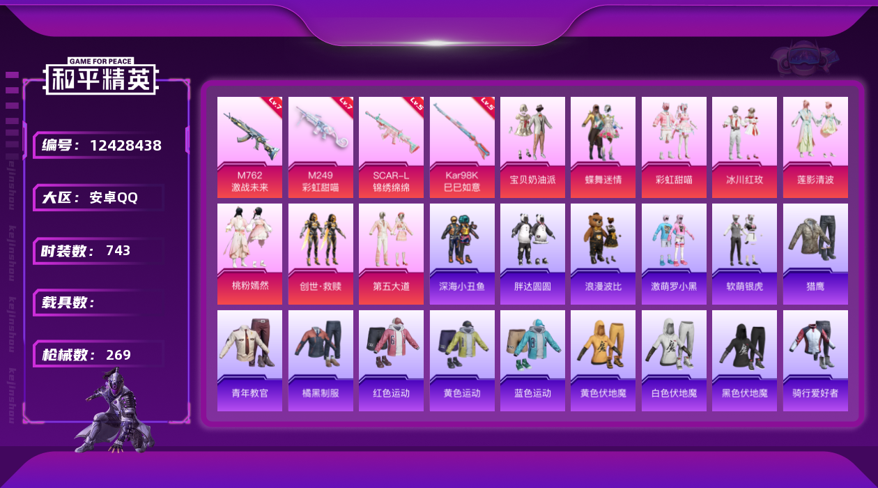 和平精英账号安卓QQ8粉装 4特效枪 11印记 可二次 可修改实名 连体王者 优质装备:蝶舞迷情,宝贝奶油派,M762激