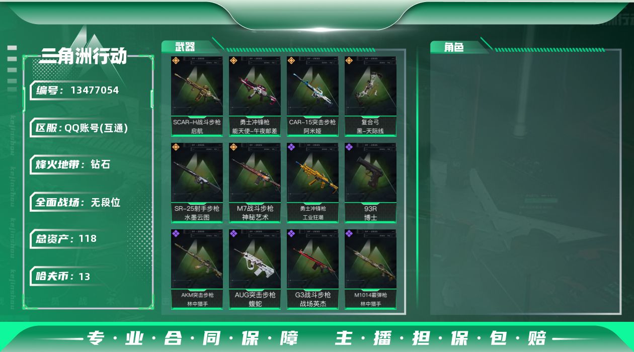 三角洲行动账号QQ总资产:118.2M  6传说枪械 哈夫币:13.517K 可二次 可修改实名 
【烽火地带段位】: