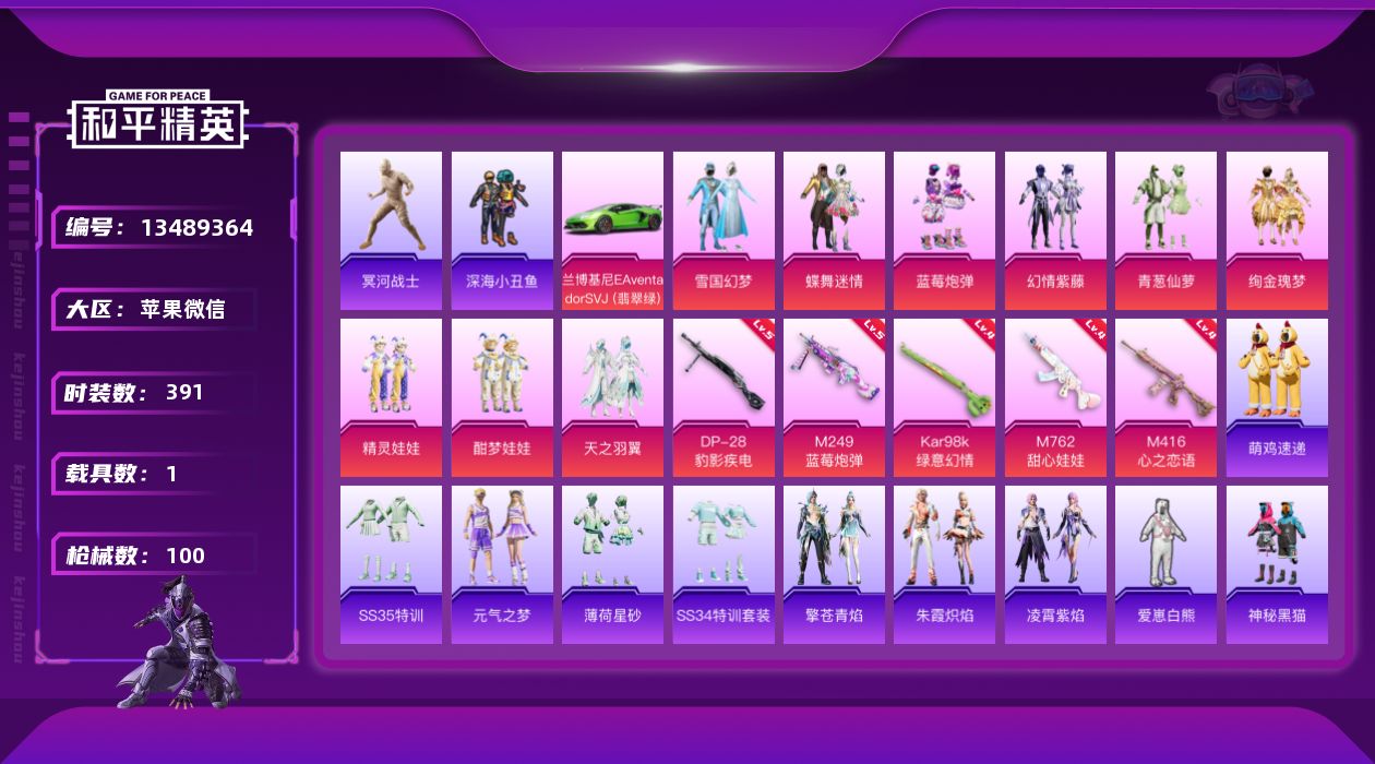 和平精英账号苹果微信[13489364]实名: 可修改 时装数: 94 载具数: 1 枪械数: 100 战备数: 71 