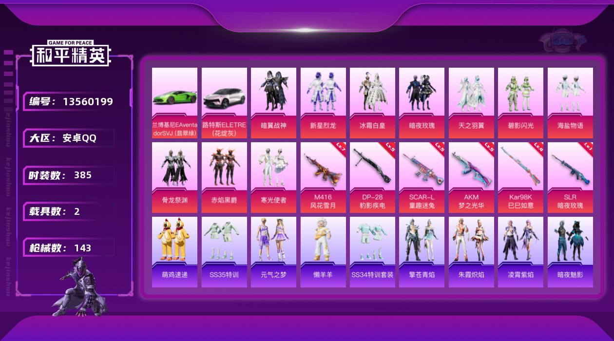 和平精英账号安卓QQ[13560199]DAS6811 可二次 安卓Q-2载具10粉装6特效枪14热门107套装143枪