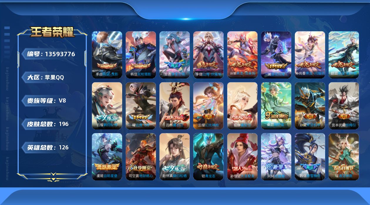 王者荣耀账号苹果QQ[13593776]实名: 可修改 贵族等级: V8 英雄数: 126 皮肤数: 195 荣耀水晶: