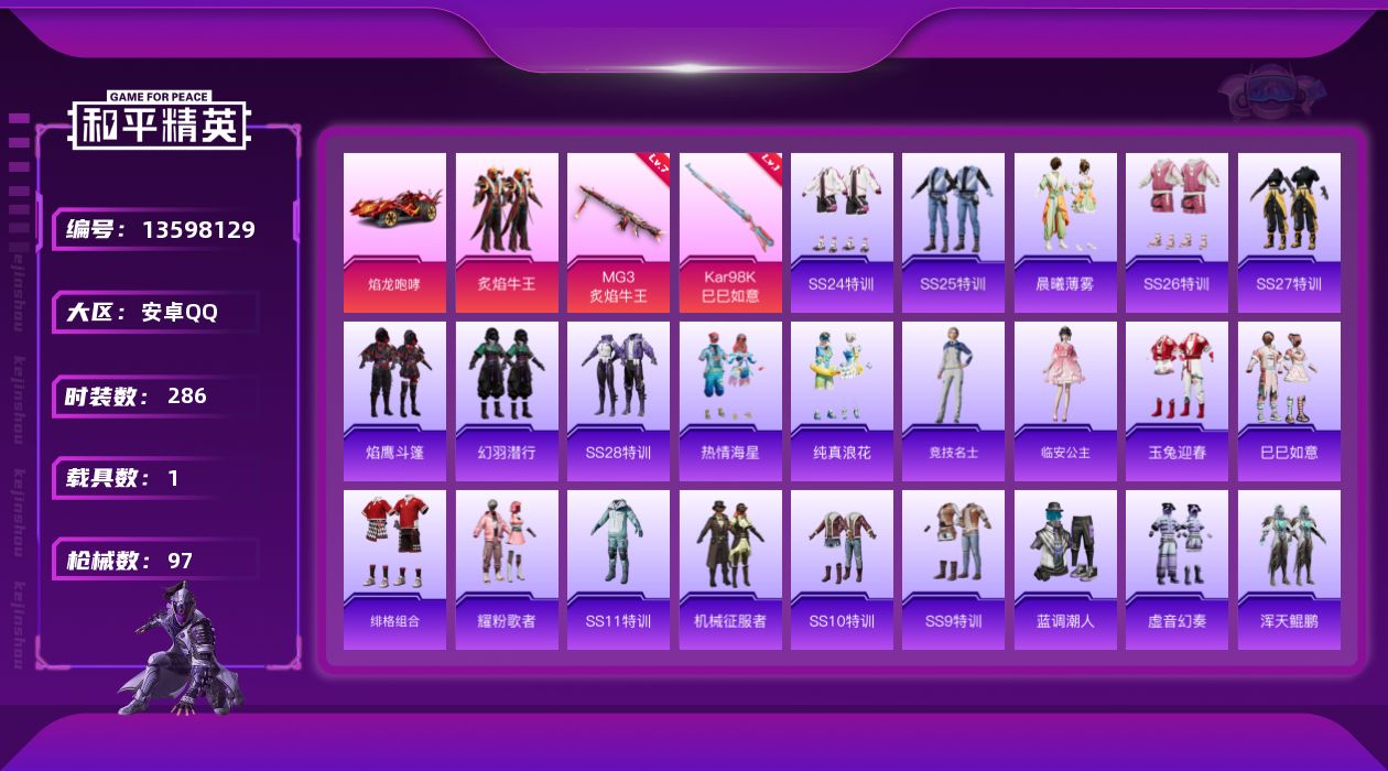 和平精英账号安卓QQ[13598129]【和平精英连体王者荣耀】实名: 可修改 时装数: 74 载具数: 1 枪械数: 