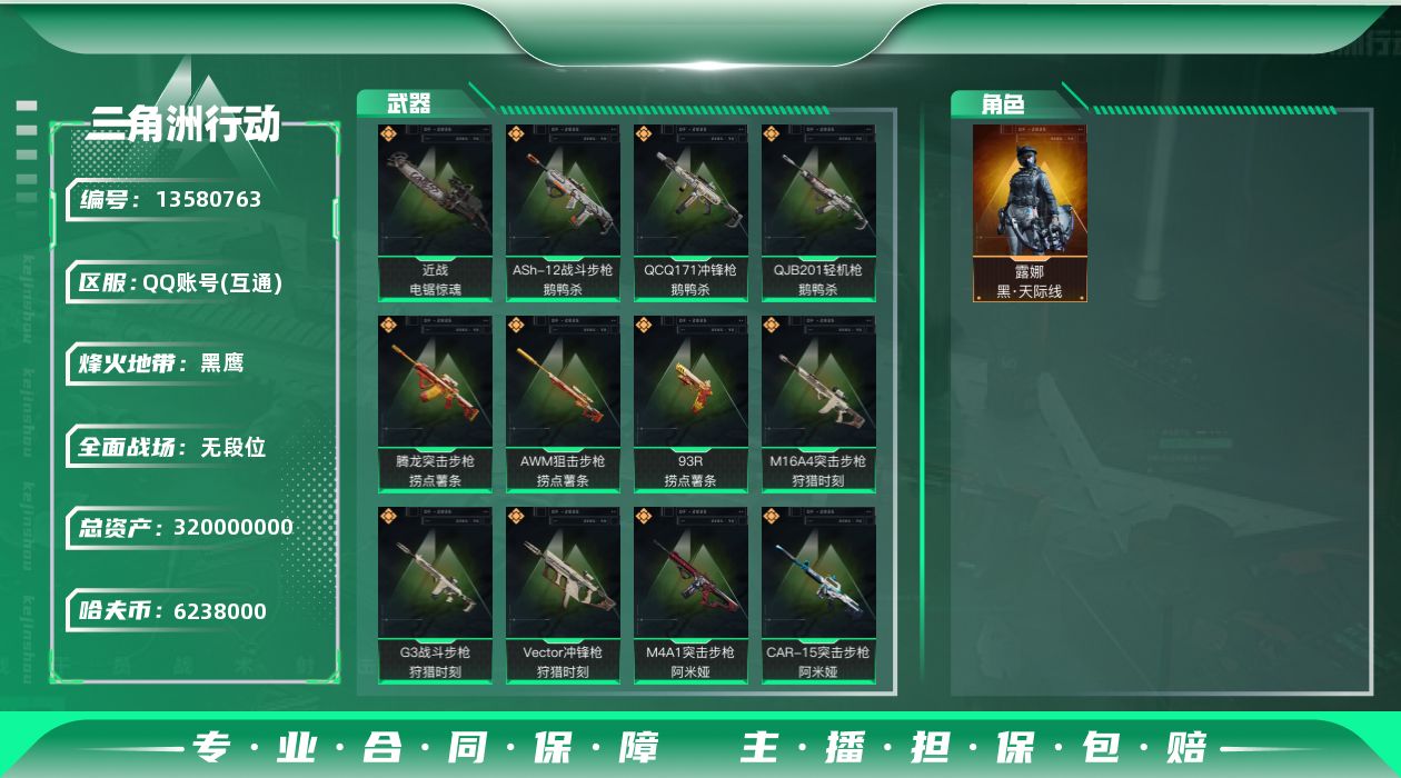 三角洲行动账号QQ6238k哈伏币-212m流动资产-60烽火等级-黑鹰-5战场等级-无军衔
【干员外观】：露娜-黑·