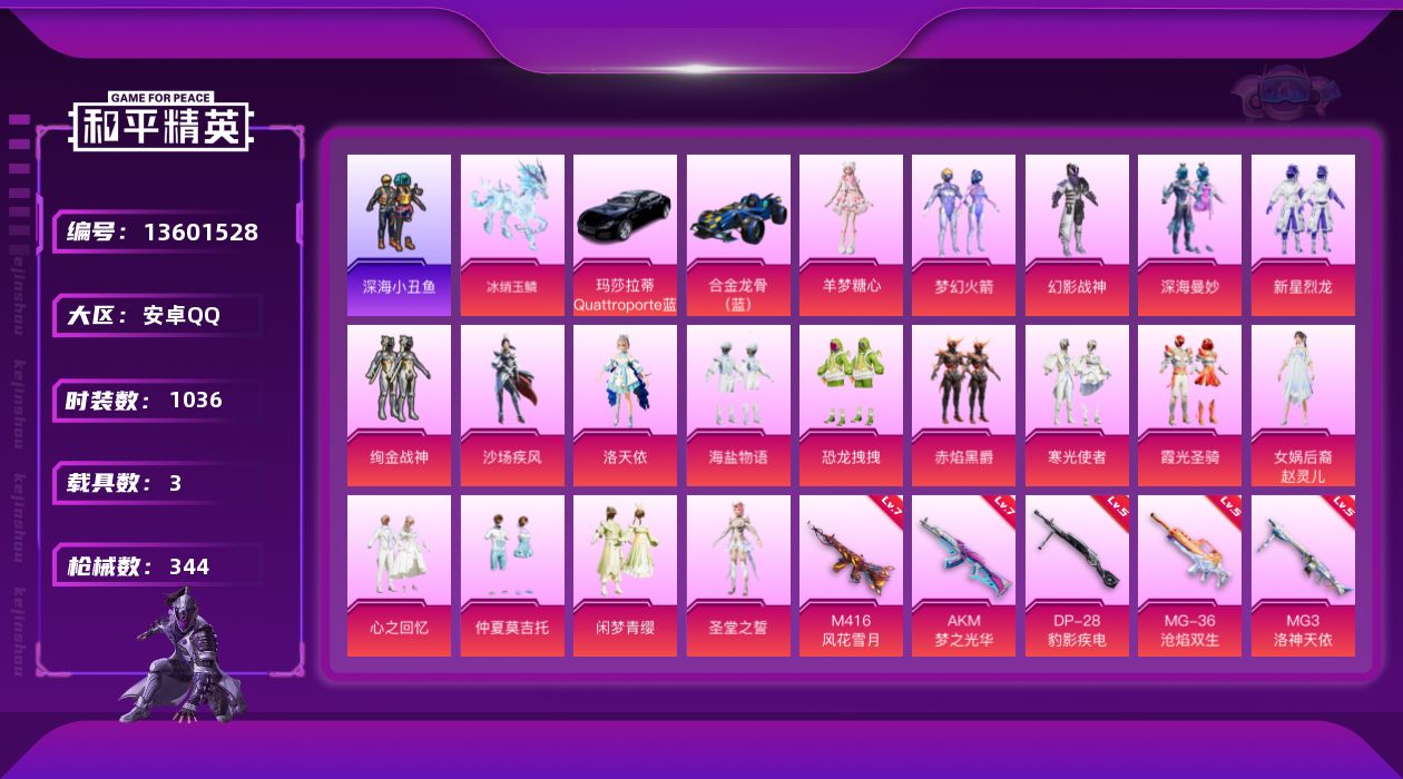 和平精英账号安卓QQ[13601528]DAS6718  安卓Q-包人脸 满级AKM-梦之光华 (7级)M416-风花雪