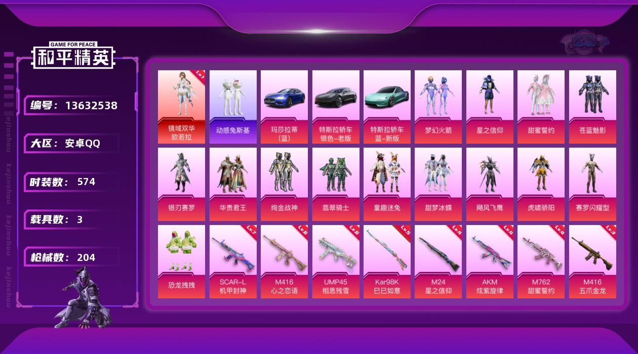 和平精英账号安卓QQ[13632538]DAS6654 包人脸 安卓Q-1红装3载具14粉装9特效枪29热门163套装2