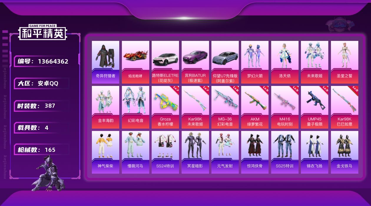 和平精英账号安卓QQ[13664362]实名: 可修改 时装数: 99 载具数: 4 枪械数: 165 战备数: 104