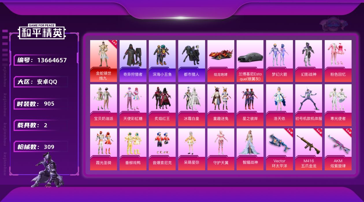 和平精英账号安卓QQ[13664657]时装数: 233 载具数: 2 枪械数: 309 战备数: 199 神级装扮: 