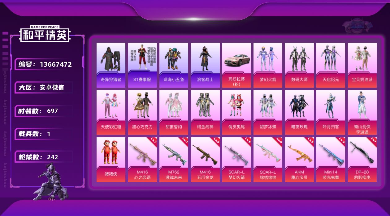 和平精英账号安卓微信[13667472]时装数: 697 载具数: 1 枪械数: 242 战备数: 163 热门装扮: 
