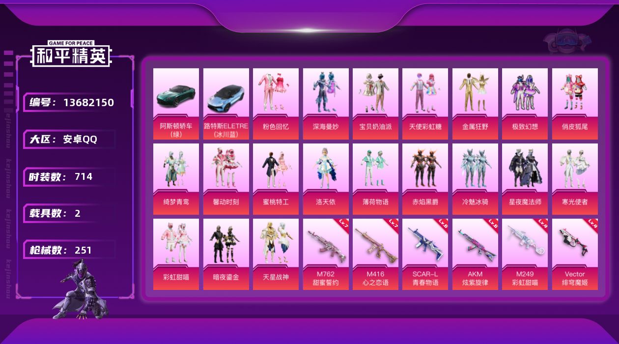 和平精英账号安卓QQ[13682150]实名: 可修改 时装数: 714 载具数: 2 枪械数: 251 战备数: 18