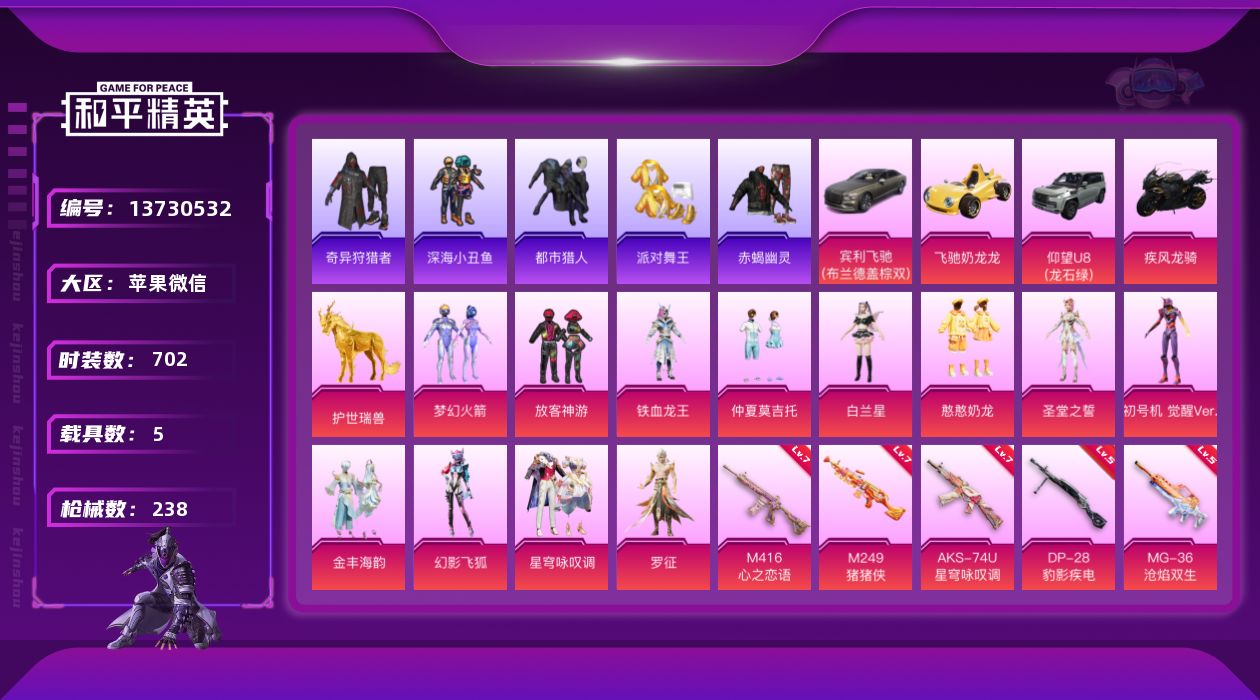 和平精英账号苹果微信[13730532]DAS6728 还有1700点券 满素材 苹果V-可二次 12粉7枪5车 满级M