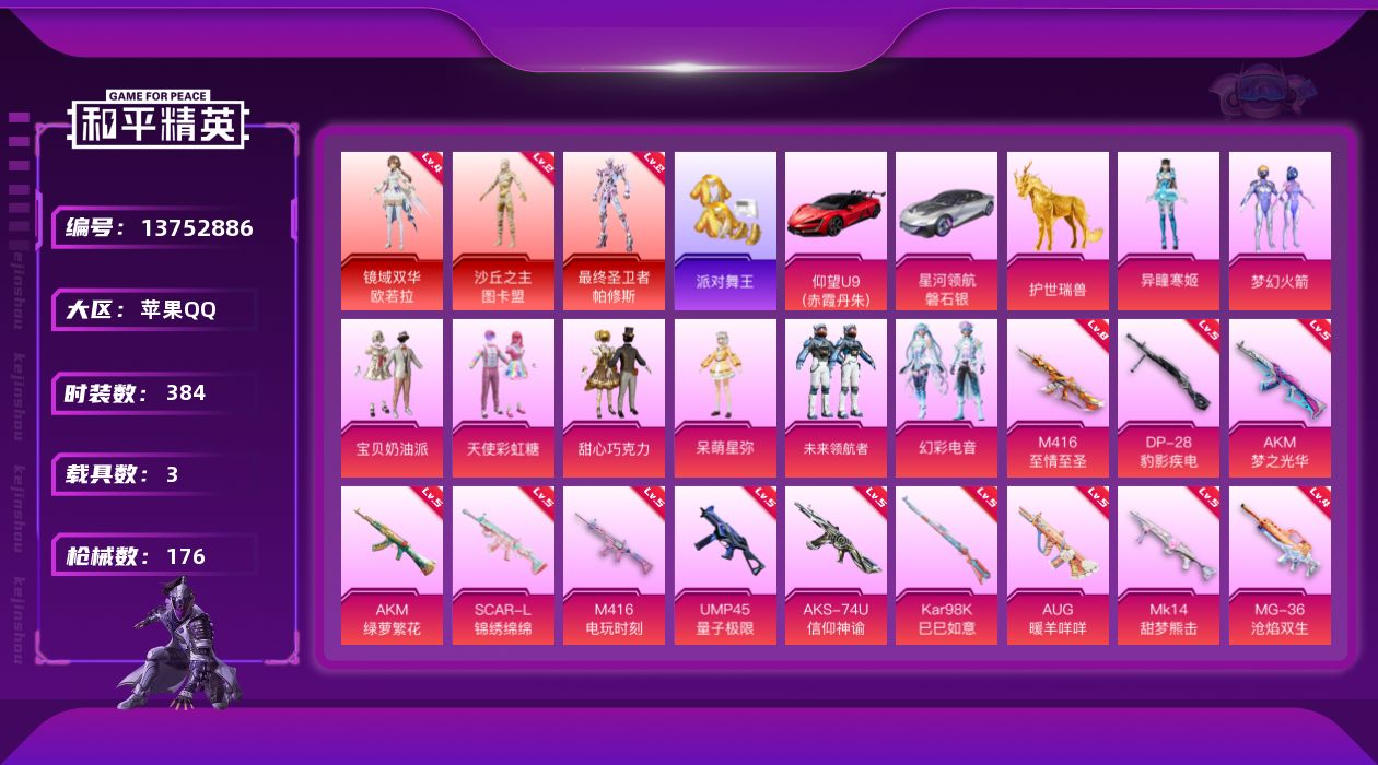 和平精英账号苹果QQ[13752886]"FQ2 苹果Q-可二次 3红7粉19枪3车 最终圣卫者-帕修斯 (2级) 镜域