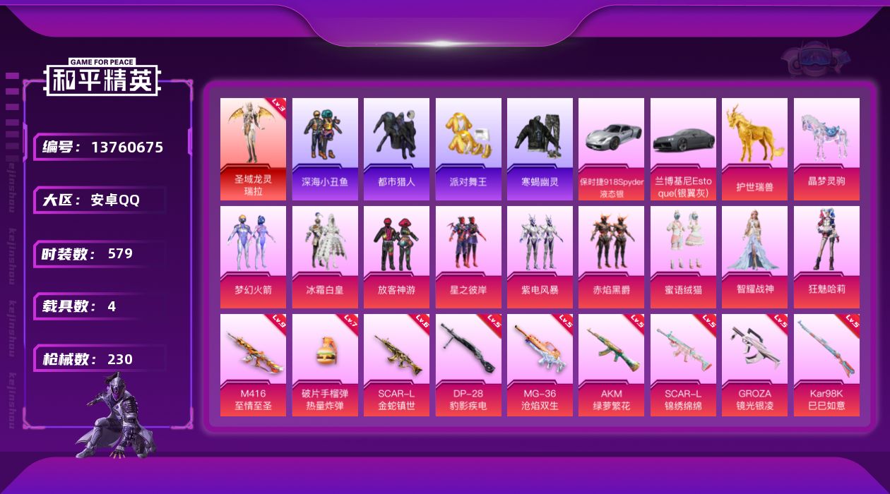 和平精英账号安卓QQ[13760675]"DF204可二次 安卓Q-1红装6稀有4载具9粉装15特效枪16热门162套装