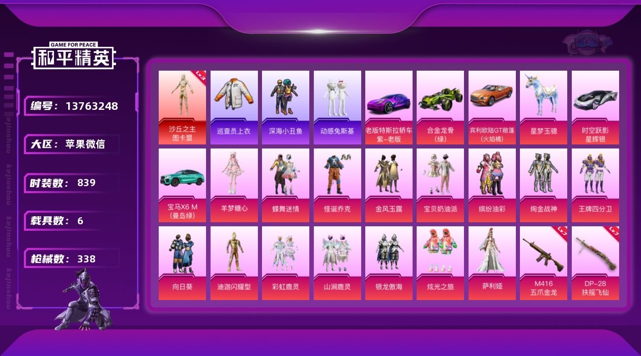 和平精英账号苹果微信[13763248]YC650、 【区服】苹果微信 【封号情况】无封号 【沉迷情况】无防沉迷 【段位】超级王牌4星 【热力值】128158 【历史最高段位】无敌战神 【王牌印记】30 【卓越印记】4 