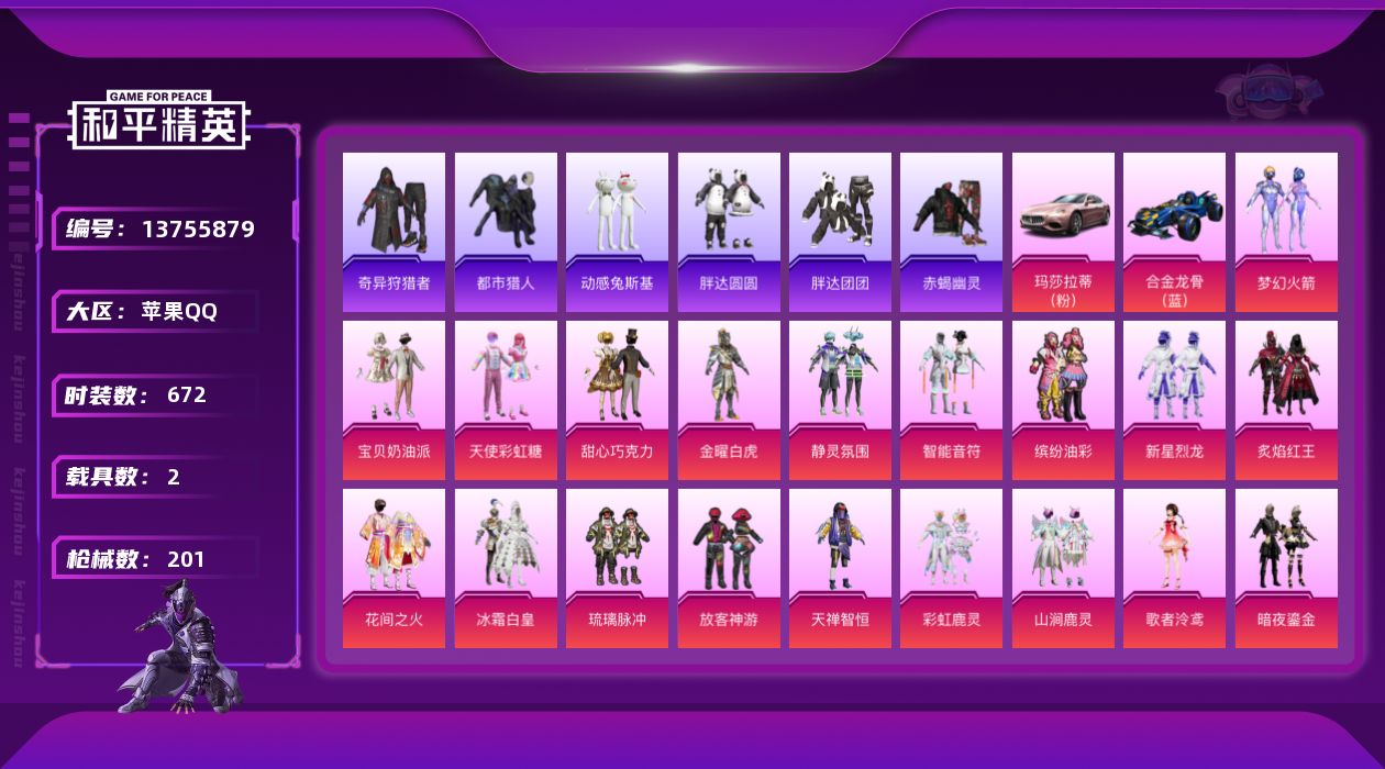 和平精英账号苹果QQ[13755879]"DF190 可二次 苹果Q-4稀有5载具25粉装16特效枪23热门169套装201枪皮 71689热力值 5印记 历史超级王牌9星 SCAR-L-天蓬元帅 (6级) UMP-45
