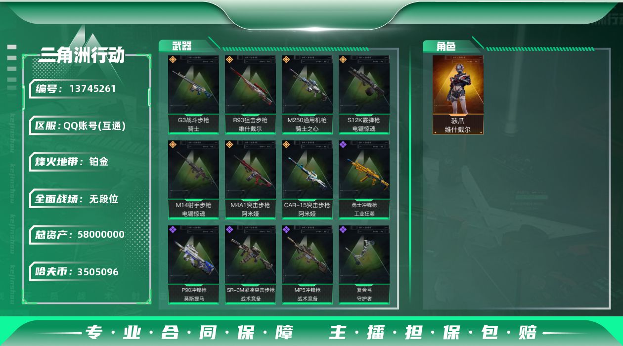 三角洲行动账号QQ[13745261]JHS2464-总资产57.9m-350w哈夫币【仓库7,体力5,耐力5】【电锯】【骇爪-维什戴尔】