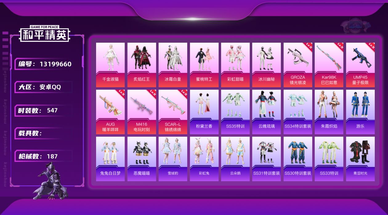 和平精英账号安卓QQ0载具-0套装-187枪皮-安卓Q-6粉装6特效枪8热门149套装187枪皮 55758热力值 8印