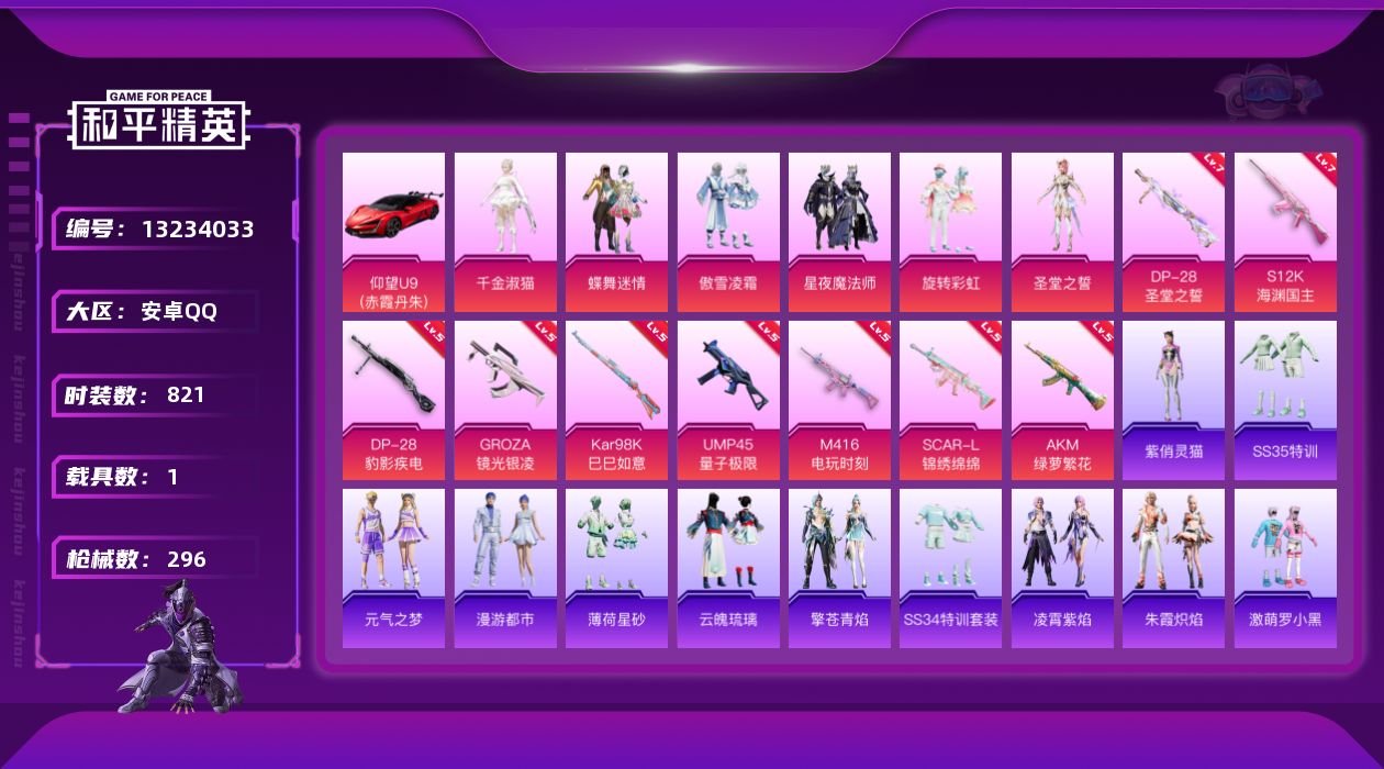 和平精英账号安卓QQ1载具-0套装-296枪皮-安卓Q-1稀有1载具6粉装9特效枪21热门223套装296枪皮 9207