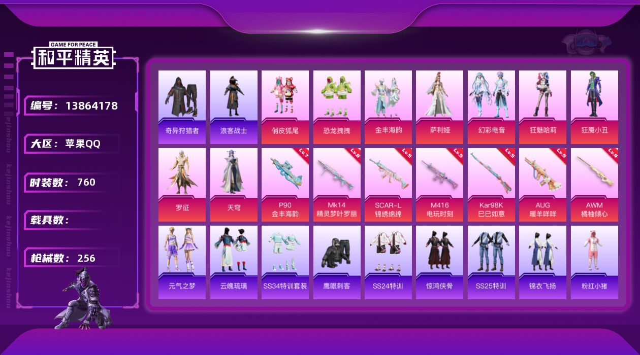 和平精英账号苹果QQ实名: 可修改 时装数: 760 枪械数: 256 战备数: 189 热门装扮: 奇异狩猎者,鹰眼刺