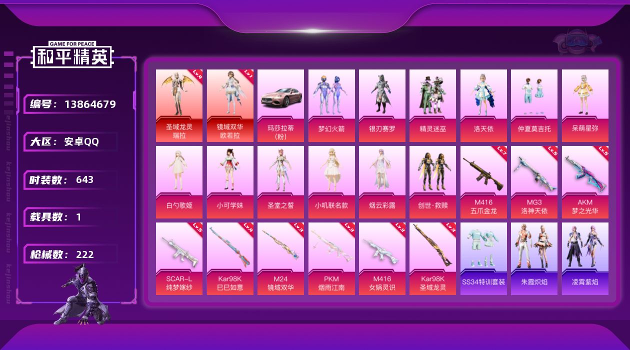 和平精英账号安卓QQ实名: 不可修改 时装数: 643 载具数: 1 枪械数: 222 战备数: 147 神级装扮: 镜