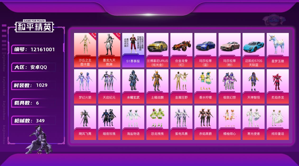和平精英账号安卓QQ6载具-0套装-349枪皮-实名: 可修改 时装数: 1029 载具数: 6 枪械数: 349 战备